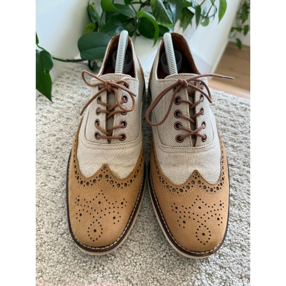Donald J‎ Pliner EDER Wingtip Oxford Men Tan Suede Canvas Brogue Dress Shoes 8X